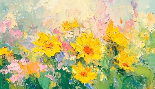 Wallpaper Mural Impressionist oil painting of sunflowers, vibrant yellow blooms with lush green backdrop, energetic brushstrokes, capturing the essence of a sunlit field Torontodigital.ca