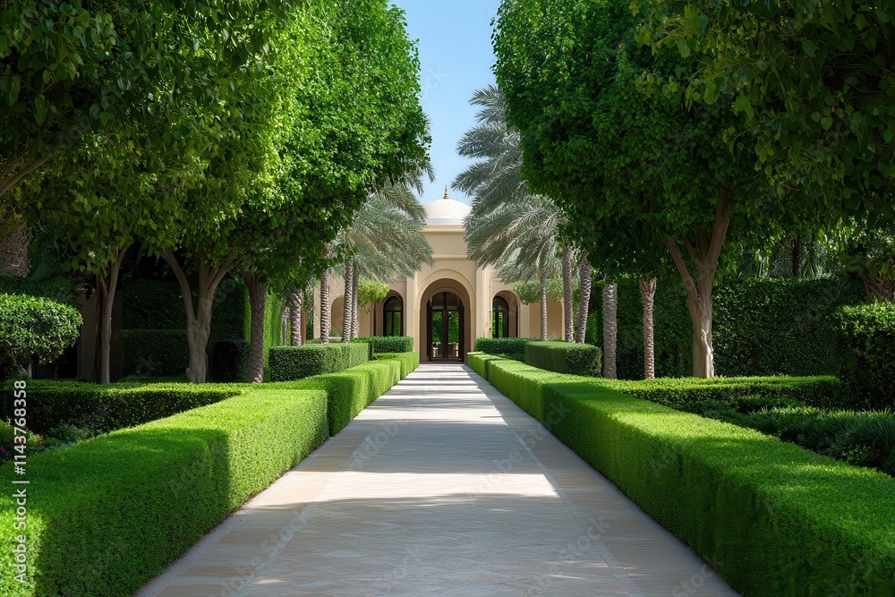 Close-Up of a Manicured Hedge-Lined Pathway Leading to a Serene Garden Retreat Close-Up of a Manicured Hedge-Lined Pathway Leading to a Serene Garden Retreat