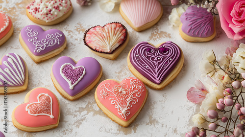 Bildbeschreibung (140 Zeichen):
Edle Plätzchen-Komposition für Valentinstag in hochwertiger Geschenkverpackung, handgefertigte Herzkekse mit luxuriöser Dekoration, Premium-Design