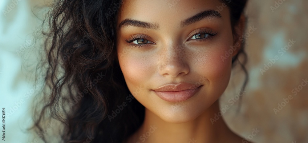 A close-up portrait of a smiling young woman with curly hair and natural beauty.