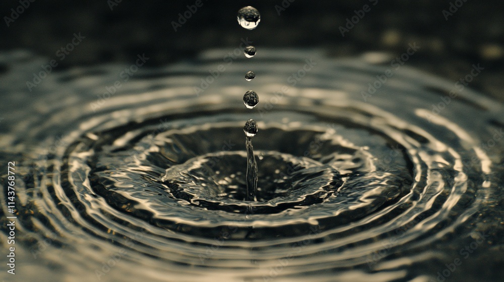 A close-up of water droplets creating ripples on a surface. A close-up of water droplets creating ripples on a surface.