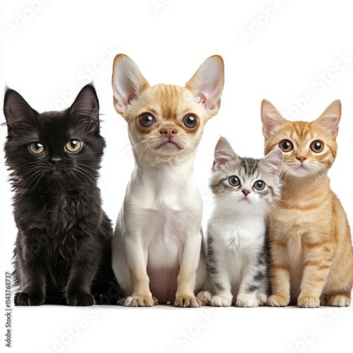 Photo, three small dogs and two cats, standing side by side, facing the camera, white background