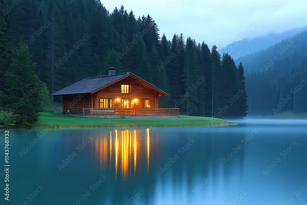 Serene Lakeside Cabin Retreat in the Twilight Hours of the Dolomites Serene Lakeside Cabin Retreat in the Twilight Hours of the Dolomites