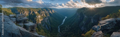 Stunning panoramic view of Linville Gorge at sunset showcasing the river and dramatic cliffs photo