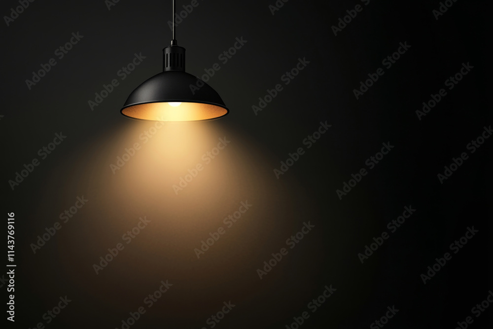 Black pendant lamp with beam of light against black background. Single hanging lamp illuminating dark room Black pendant lamp with beam of light against black background. Single hanging lamp illuminating dark room