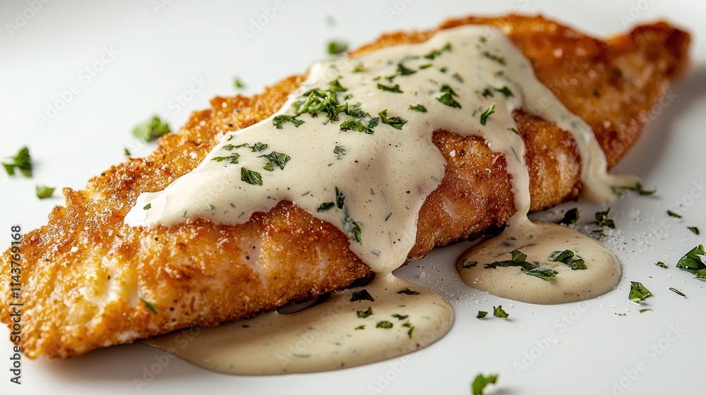 Delicious fried fish fillet with creamy sauce restaurant kitchen food photography culinary art Delicious fried fish fillet with creamy sauce restaurant kitchen food photography culinary art