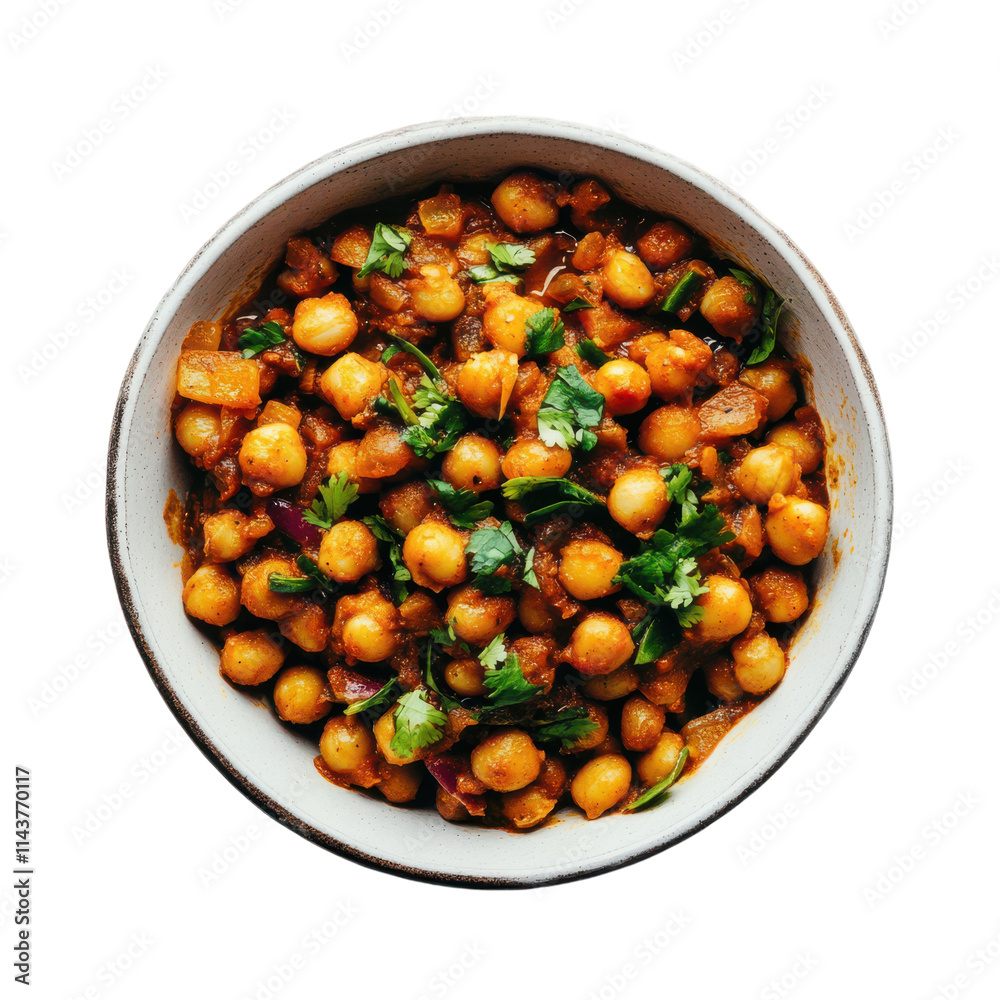 Delicious Chana Masala Dish Garnished with Fresh Herbs on a White Background for Culinary Use and Transparent background. Delicious Chana Masala Dish Garnished with Fresh Herbs on a White Background for Culinary Use and Transparent background.