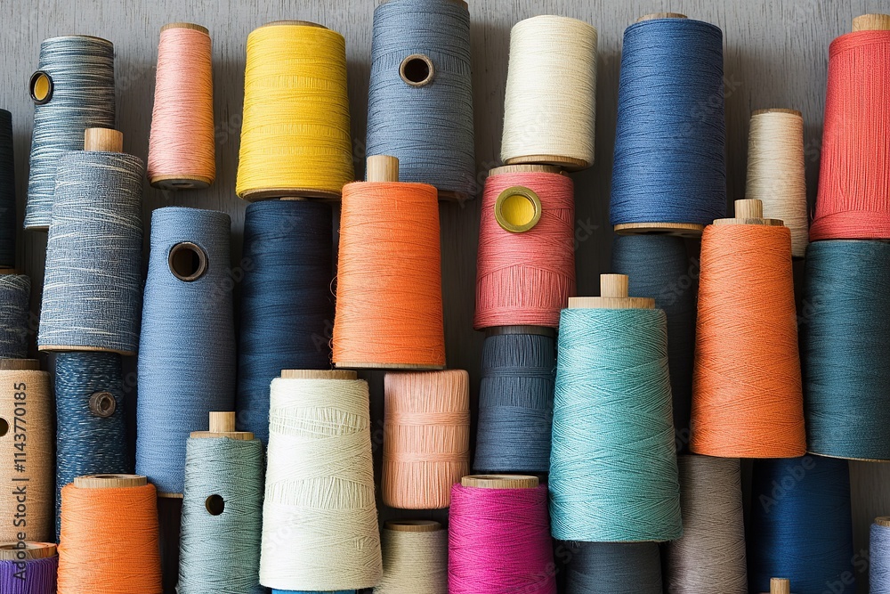 A pile of spools with different colors and sizes, arranged in an aesthetically pleasing pattern. A pile of spools with different colors and sizes, arranged in an aesthetically pleasing pattern.