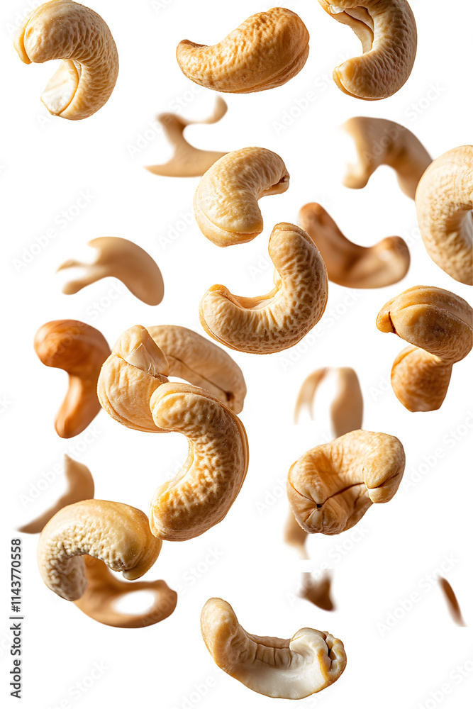 Cashews falling, isolated on white background.  Floating cashew nuts, transparent backdrop.