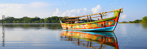 Pristine Waters: A Traditional bk Boat Anchored on a Serene Lake with the Horizon Fringed by Tranquil Shores photo