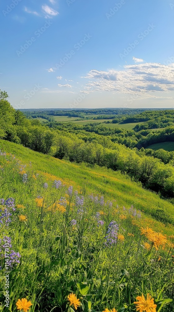 Obraz premium A breathtaking view of the Kettle Moraine landscape showcasing lush fields and vibrant wildflowers under a clear sky