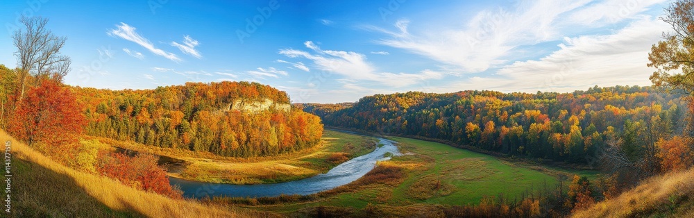 A breathtaking panorama of the Chippewa Valley showcasing vibrant autumn foliage along the river under a clear blue sky