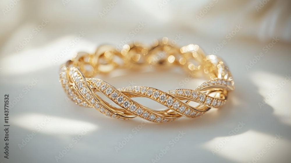 A designer gold bracelet with diamonds, placed on a white background, AI Generative. A designer gold bracelet with diamonds, placed on a white background, AI Generative.