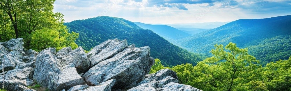 Breathtaking panorama of the Catoctin Mountains showcasing lush greenery and majestic rock formations under a serene sky Breathtaking panorama of the Catoctin Mountains showcasing lush greenery and majestic rock formations under a serene sky