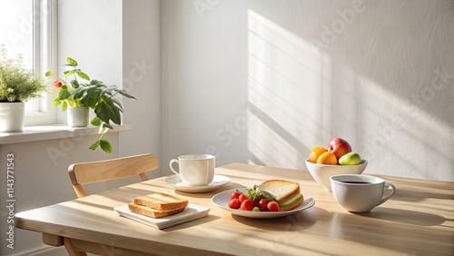 Sunlight illuminates a peaceful breakfast scene featuring toast, a sandwich, fruit, and coffee on a light wood table