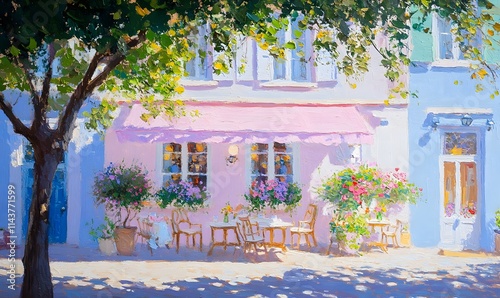 Cozy coffee shop oil painting illustration, Generative AI