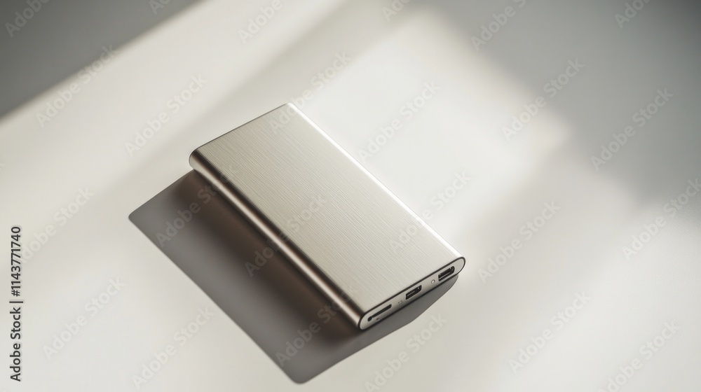A minimalist portable power bank with smooth metallic edges, placed on a white background, AI Generative. A minimalist portable power bank with smooth metallic edges, placed on a white background, AI Generative.