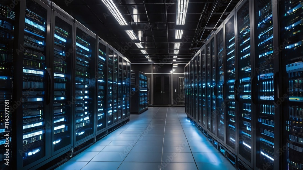 Data centers filled with rows and rows of servers as blinking light indicate constant processing, high detail, cinematic angle composition Data centers filled with rows and rows of servers as blinking light indicate constant processing, high detail, cinematic angle composition