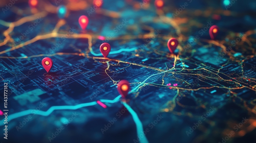 Obraz premium Conceptual image of a map with geolocated shipments marked by interactive pins and digital icons