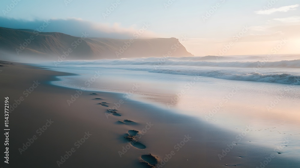 Obraz premium Calm beach scene at dawn with footprints in the sand leading forward symbolizing a new chapter