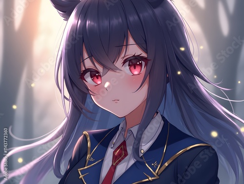 Anime Girl with Cat Ears: A portrait of a young anime girl with distinct cat ears, dressed in a stylish uniform, exuding an air of gentle confidence against a soft, ethereal backdrop. photo