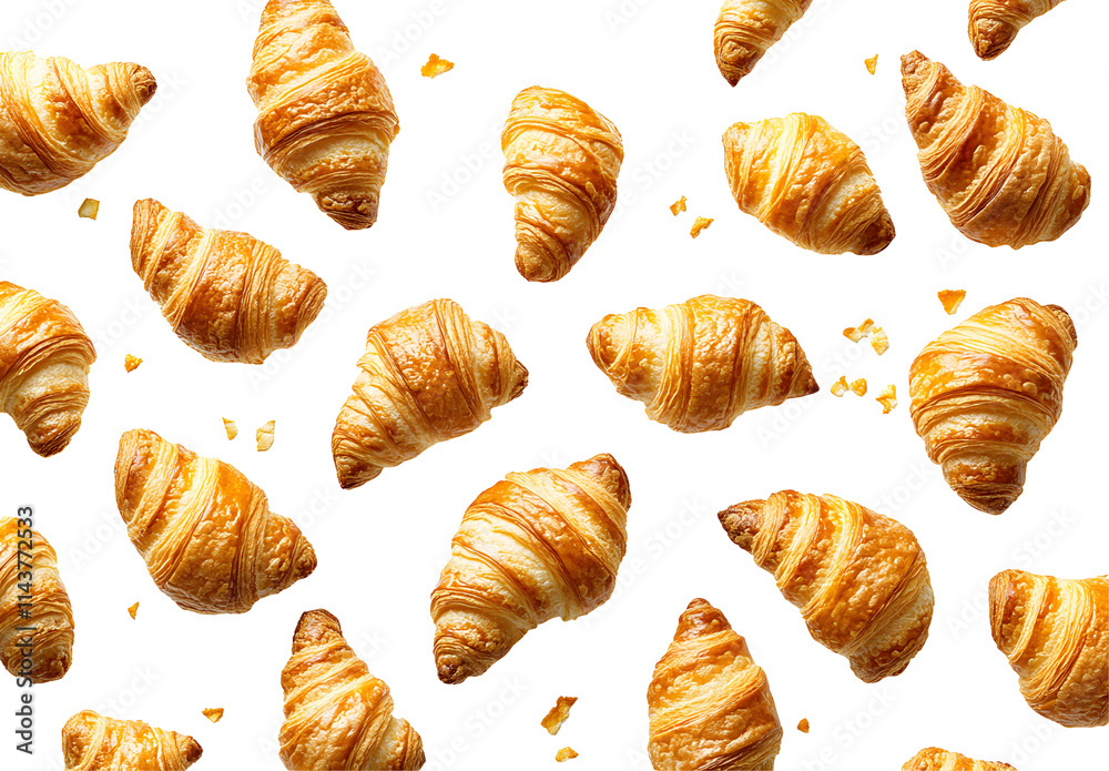 Golden Croissants Pattern, Baked Pastry, Isolated on White Background, Delicious French Breakfast, Flaky Layers, Buttery Texture, Golden Brown Crust, Crispy Exterior, Soft Interior