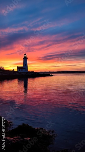 A breathtaking sunset casts vibrant hues over the Sakonnet with a lighthouse standing elegantly by the shore photo