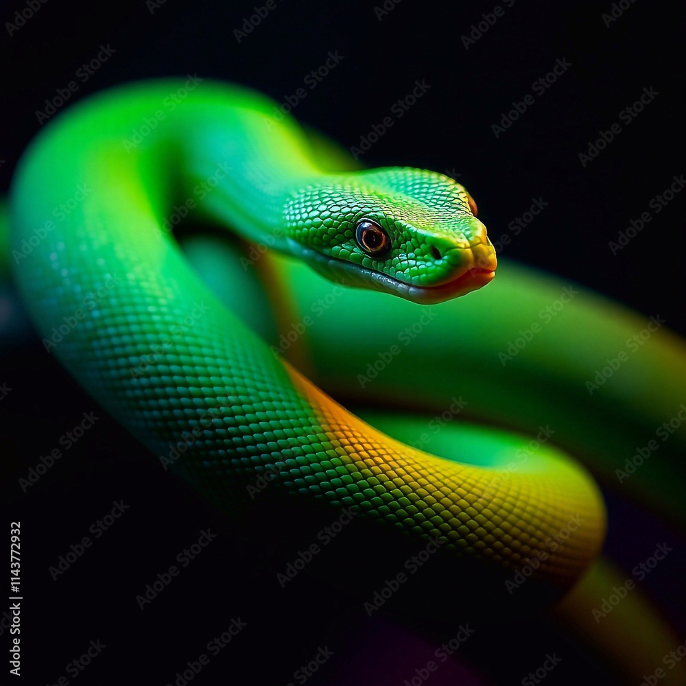 Fototapeta premium Green snake close up with shiny scales on black background that contrasts with its bright color.
