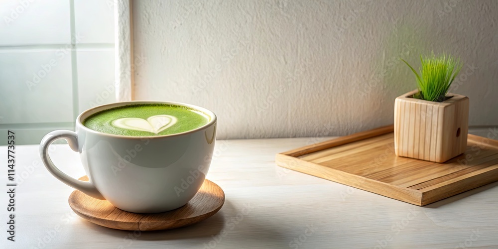 Aromatic Matcha Latte with Heart Design, Served in a White Mug on Wooden Coaster and Tray, Beside Small Potted Plant Aromatic Matcha Latte with Heart Design, Served in a White Mug on Wooden Coaster and Tray, Beside Small Potted Plant