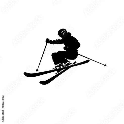 Silhouette of Skier Jumping Mid-Air, Black silhouette of a skier performing a jump with poles in hand, showcasing dynamic winter sport action on a white background.

