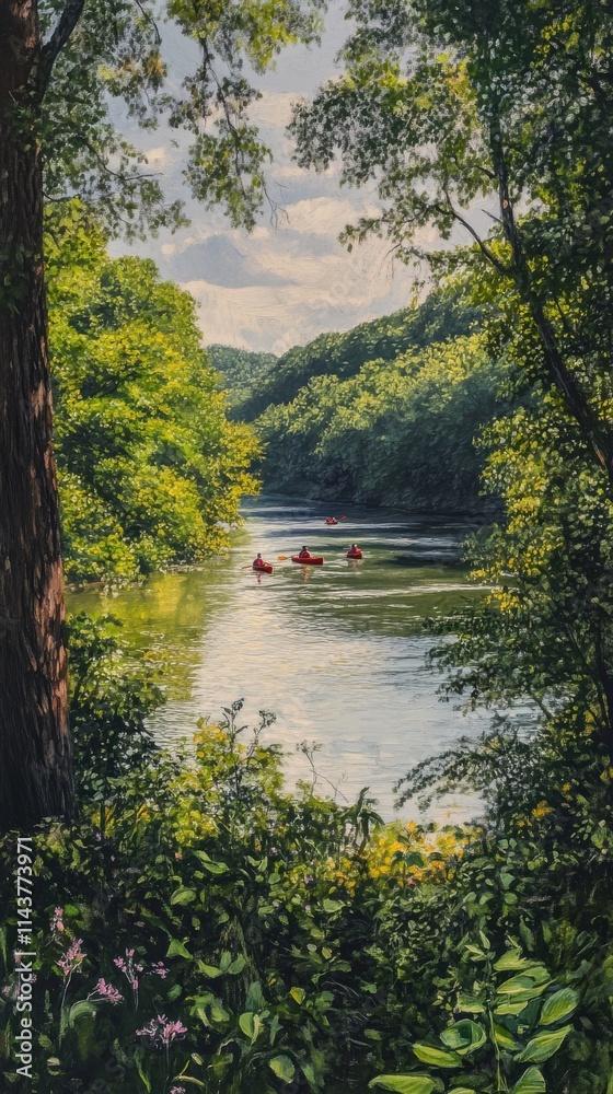 Fototapeta premium Kayakers enjoy a peaceful journey on the Chattahoochee River surrounded by lush greenery and gentle hills during a sunny day