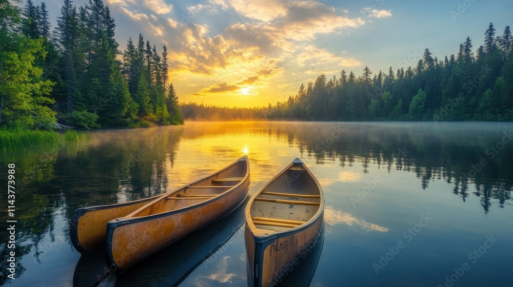 A peaceful sunset over the Boundary Waters Canoe Area with two canoes anchored on a calm lake A peaceful sunset over the Boundary Waters Canoe Area with two canoes anchored on a calm lake