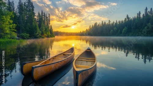Fototapeta Naklejka Na Ścianę i Meble -  A peaceful sunset over the Boundary Waters Canoe Area with two canoes anchored on a calm lake