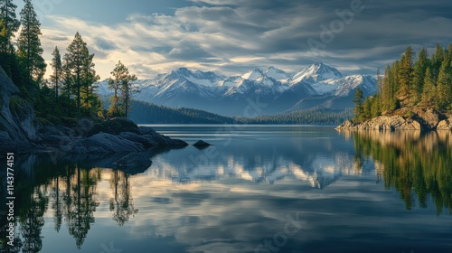 Serene reflection of mountains and clouds over Lake Tahoe at dawn's early light
