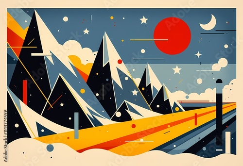 Mountain road in Suprematism art style in bright colors