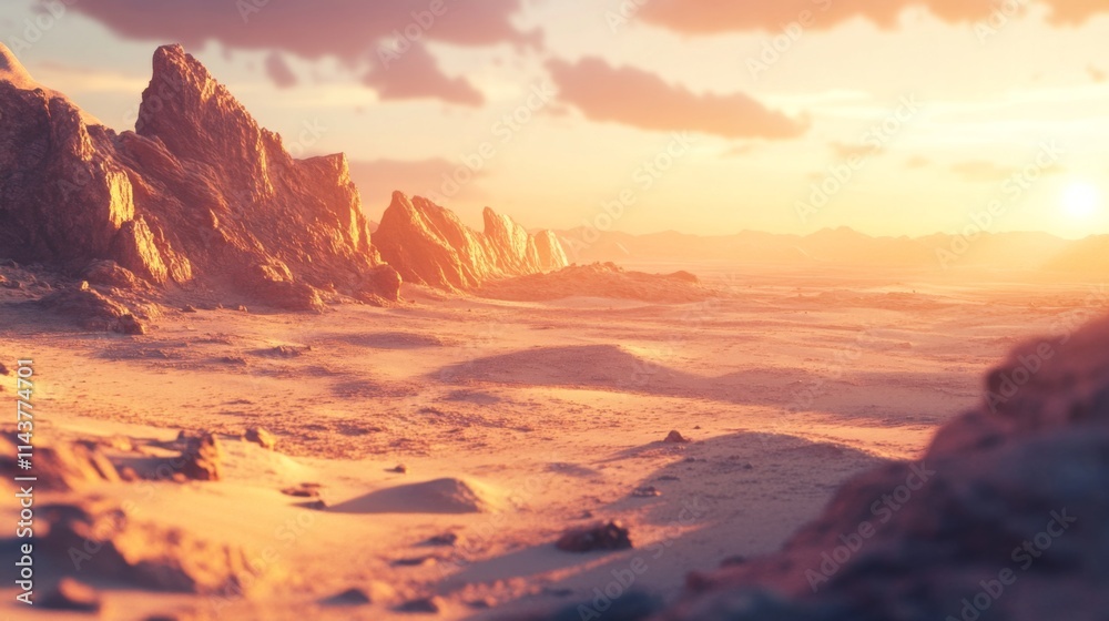 Sunset over a vast, sandy desert landscape with rocky formations.