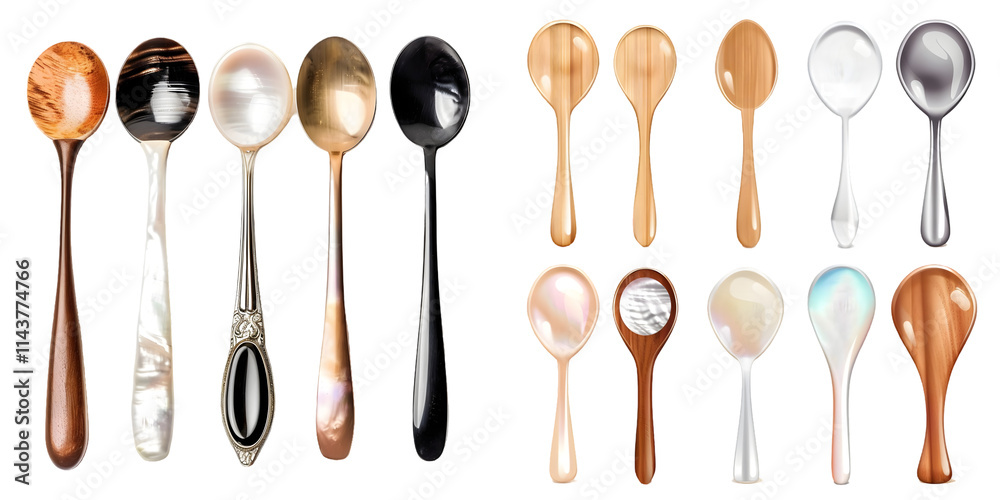 set of different spoons, wooden, mother-of-pearl, silver and horn ones. Generative AI.