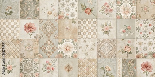 Elegant patchwork tile design featuring a variety of delicate floral and geometric patterns in muted pastel tones