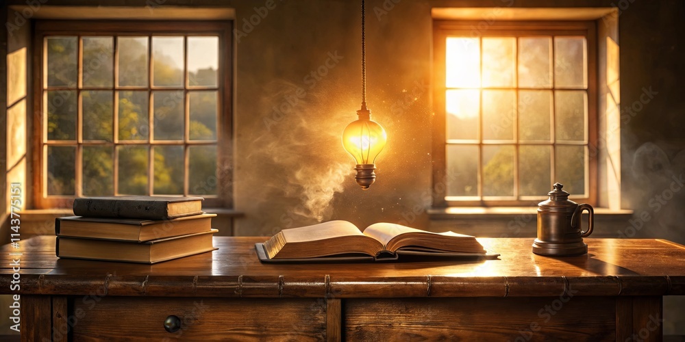Illuminated Ideas A Stack of Books, an Open Tome, and a Glowing Lightbulb on a Wooden Desk Illuminated Ideas A Stack of Books, an Open Tome, and a Glowing Lightbulb on a Wooden Desk
