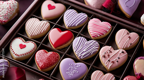 Bildbeschreibung (140 Zeichen):
Edle Plätzchen-Komposition für Valentinstag in hochwertiger Geschenkverpackung, handgefertigte Herzkekse mit luxuriöser Dekoration, Premium-Design