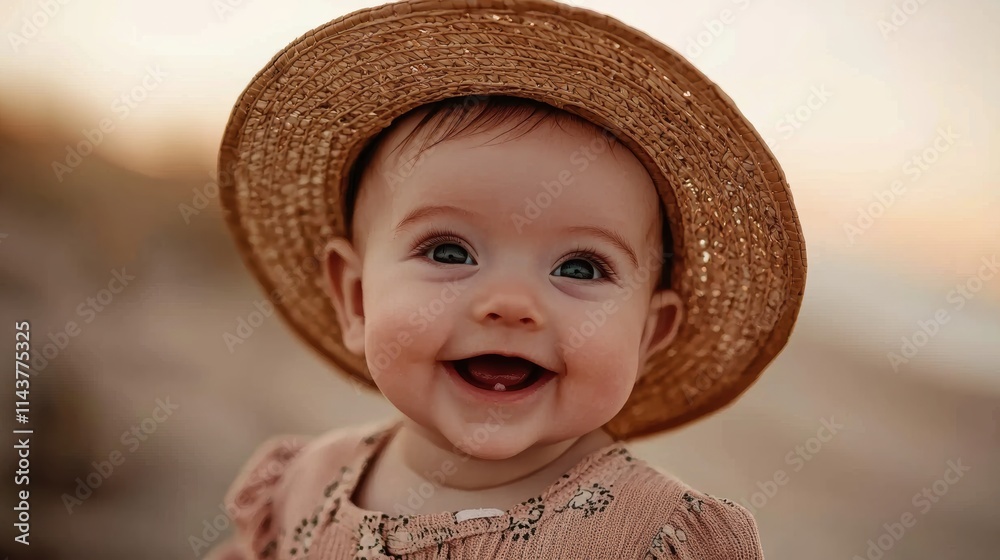 Joyful baby smiling at sunset beach portrait photography warm environment close-up Joyful baby smiling at sunset beach portrait photography warm environment close-up