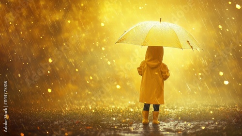 Shadow silhouette of Kid in raincoat and yellow rubber boots,smiling while standing under yellow umbrella on color background,rainy day,rain season,space for text.