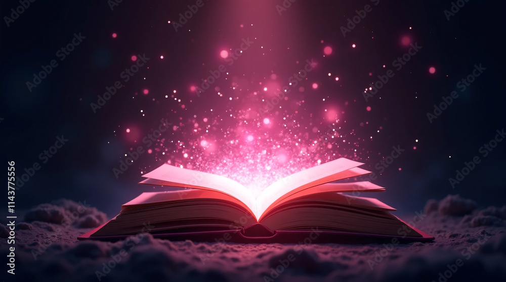 Open book pages with pink light Open book pages with pink light
