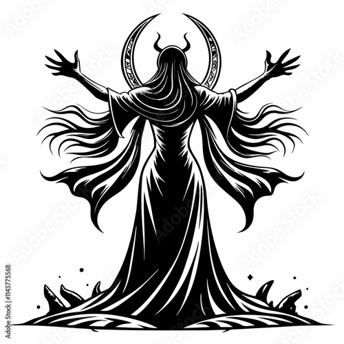 "Mystical Woman Silhouette with Flowing Robes Under Moonlit Sky - Black and White Vector Illustration"

