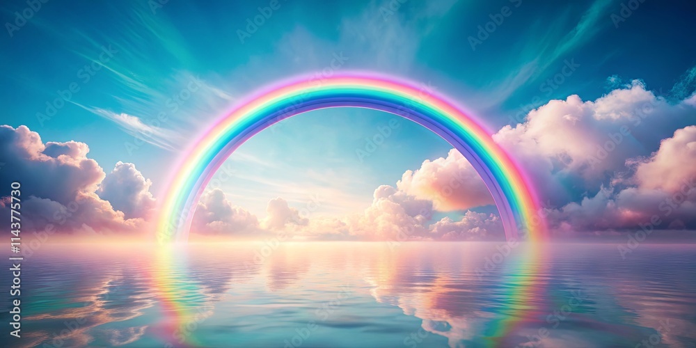 Serene Seascape with a Vibrant Rainbow Arcing Over Calm Waters and Pastel Clouds Serene Seascape with a Vibrant Rainbow Arcing Over Calm Waters and Pastel Clouds