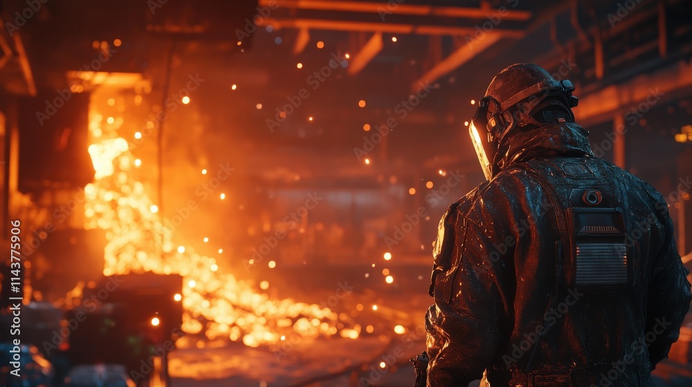 A steel mill worker in full protective gear, carefully monitoring the molten iron pour from a large furnace, with the intense glow of the molten metal contrasting against the industrial surroundings, A steel mill worker in full protective gear, carefully monitoring the molten iron pour from a large furnace, with the intense glow of the molten metal contrasting against the industrial surroundings,