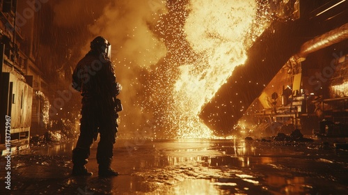 A steel mill worker in full protective gear, carefully monitoring the molten iron pour from a large furnace, with the intense glow of the molten metal contrasting against the industrial surroundings,  photo