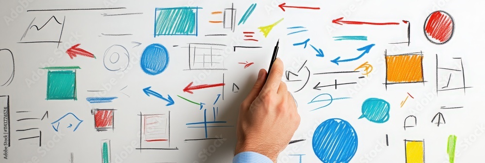Close-up of a consultant's hand sketching key concepts on a whiteboard, with color-coded diagrams and arrows, during a strategy session in a collaborative meeting room, highlighting the creative proce Close-up of a consultant's hand sketching key concepts on a whiteboard, with color-coded diagrams and arrows, during a strategy session in a collaborative meeting room, highlighting the creative proce