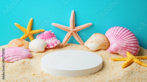 Beach-themed display with shells and starfish coastal setting product photography bright colors photo