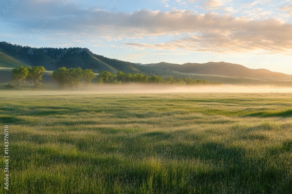 Serene Morning Mist Over Grassland and Mountains Serene Morning Mist Over Grassland and Mountains